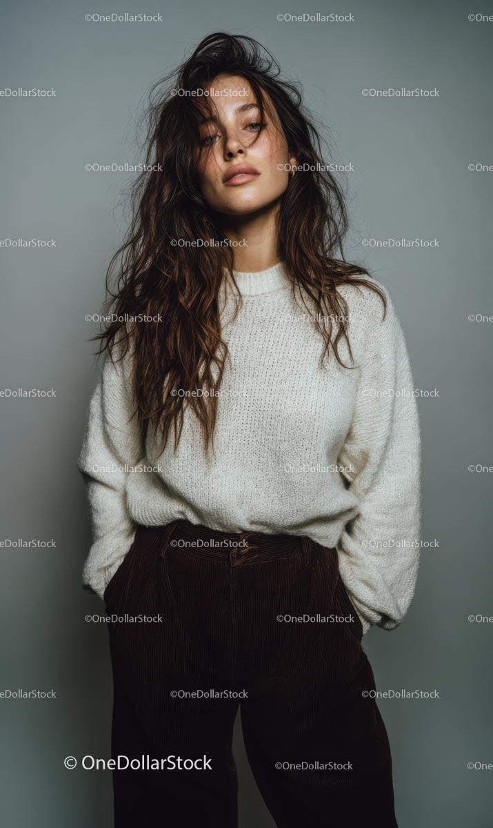 Stylish Woman in White Sweater and Brown Pants Stock Photo Bundle preview 20