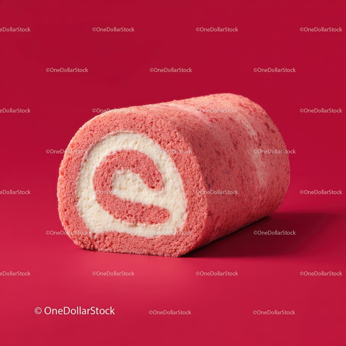 Strawberry Swiss Roll Cake on a Red Background
