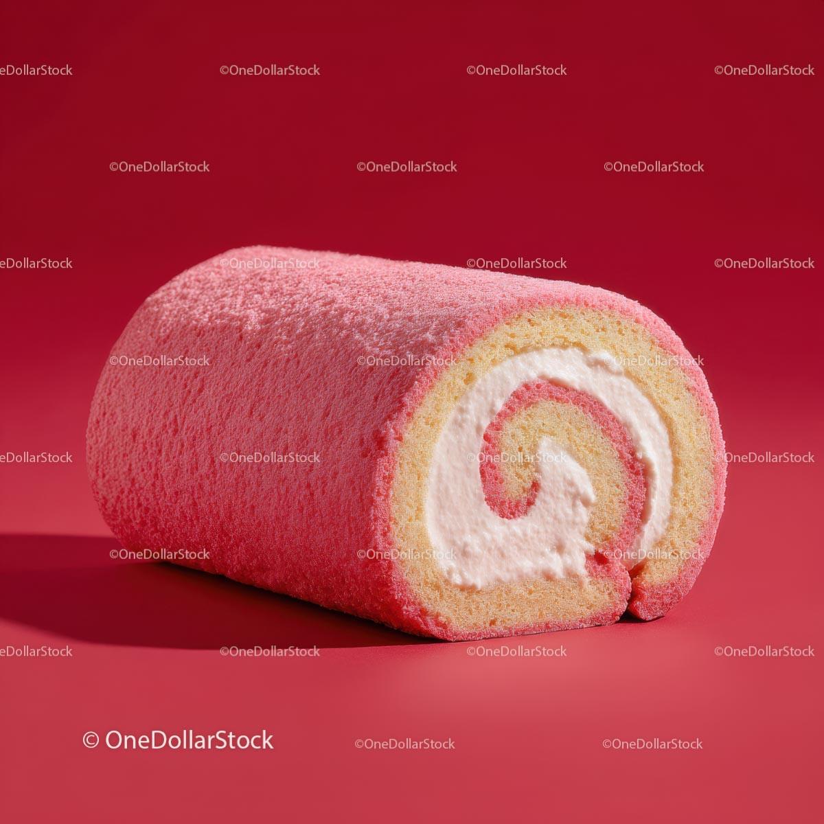 Delicious Pink Swiss Roll Cake on Red Background
