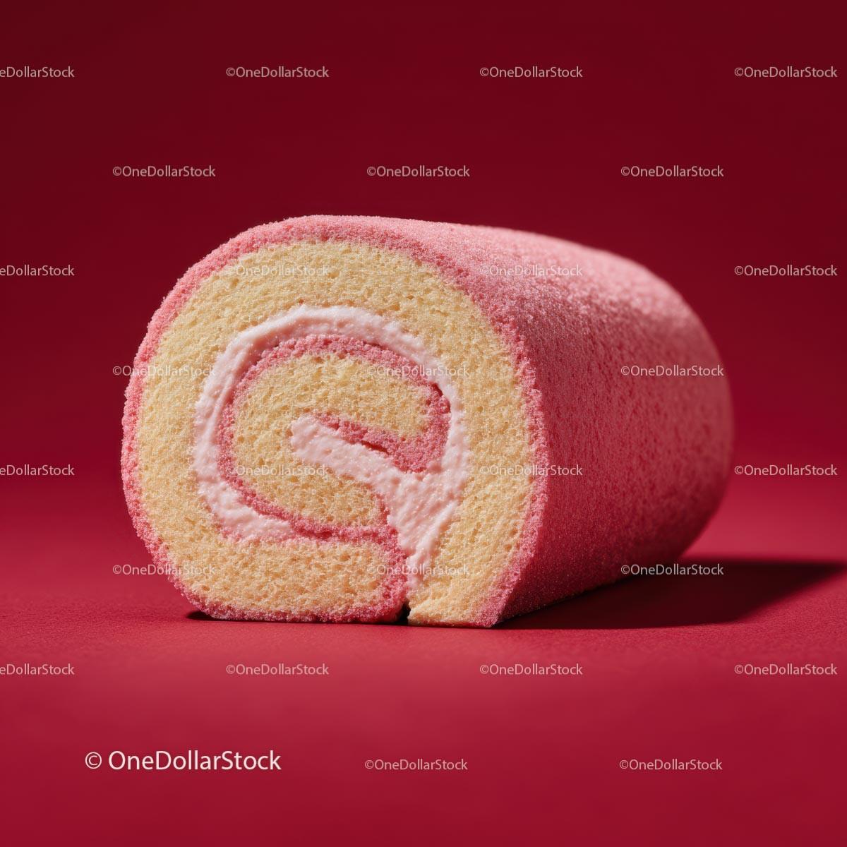 Pink Swiss Roll with Creamy Filling on Red Background