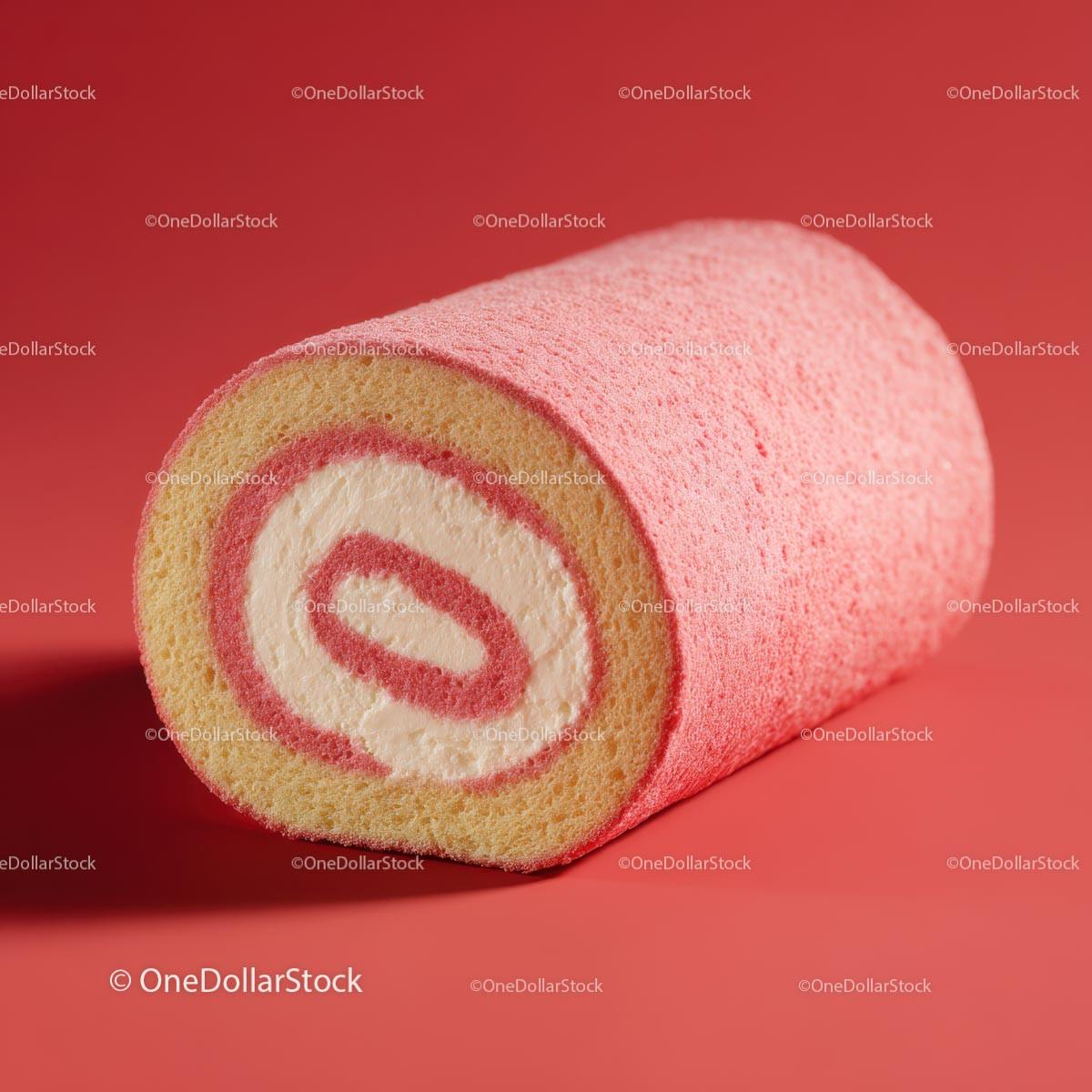 Sweet Strawberry Roll Cake on Pink Background