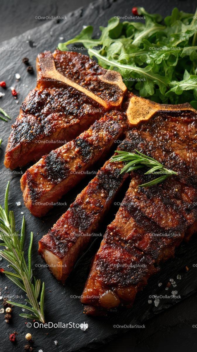 Grilled T-Bone Steak with Fresh Arugula and Rosemary