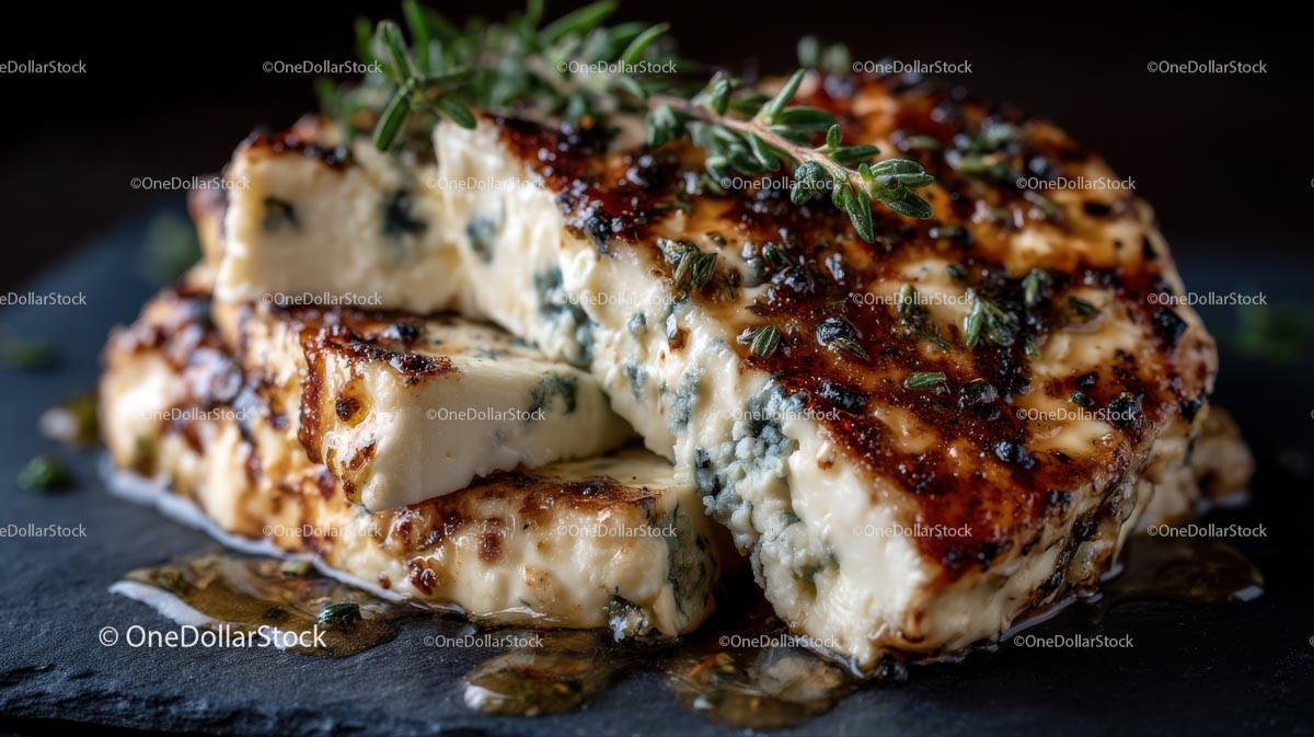 Grilled Blue Cheese with Fresh Herbs on Slate
