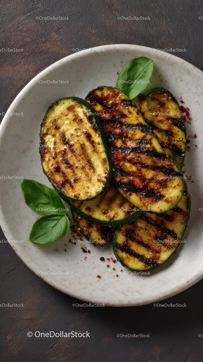 Grilled Zucchini Slices with Fresh Basil on Rustic Plate