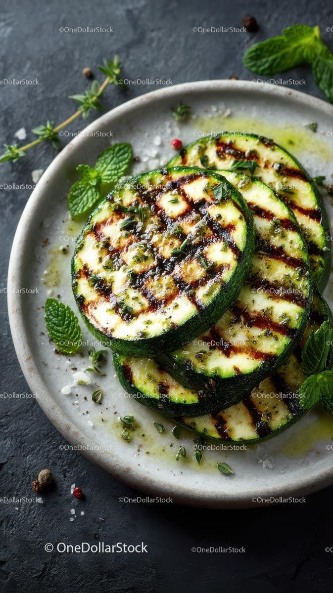 Grilled Zucchini Slices with Fresh Herbs on Rustic Plate
