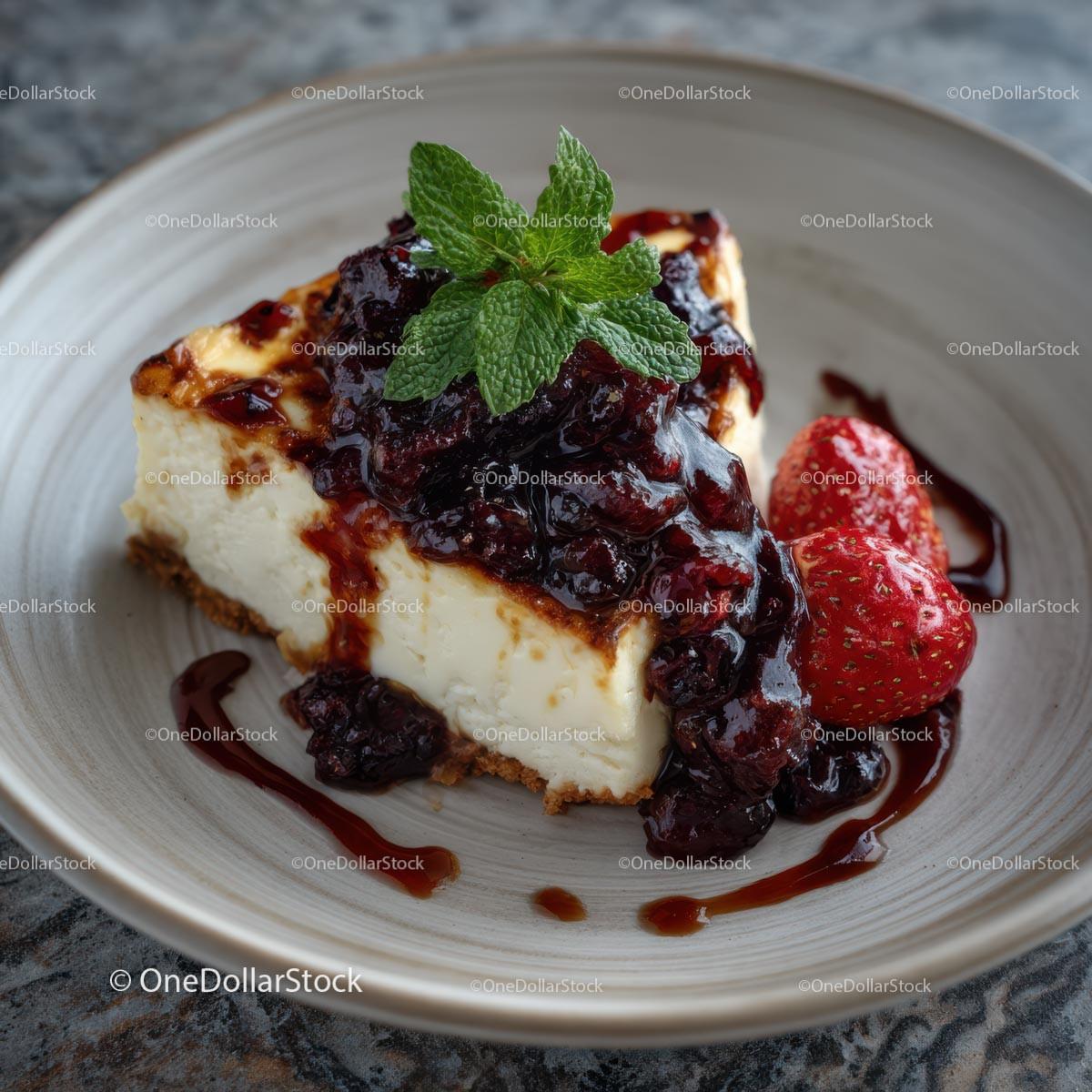 Gourmet Cheesecake with Strawberry and Mint Garnish