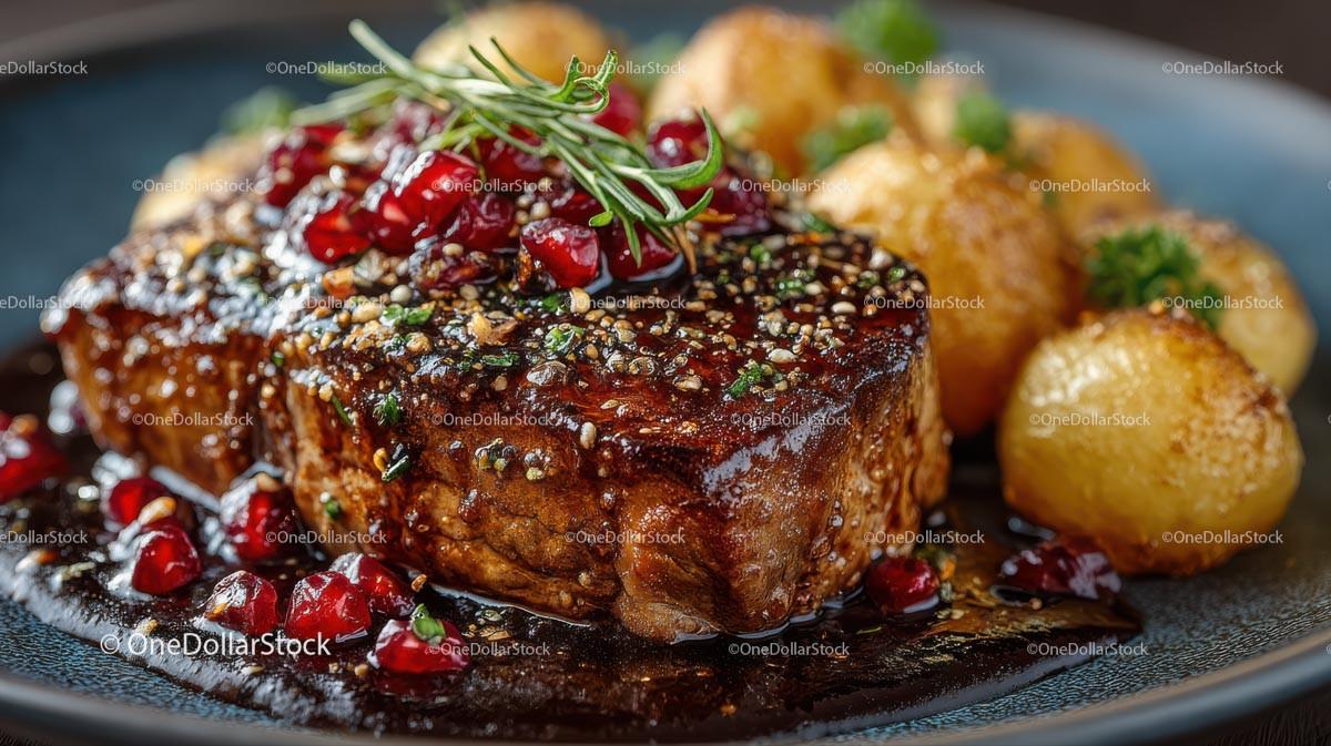 Juicy Steak with Pomegranate Sauce and Crispy Potatoes