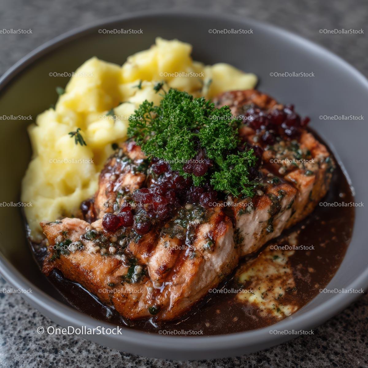 Grilled Salmon with Mashed Potatoes and Parsley Garnish