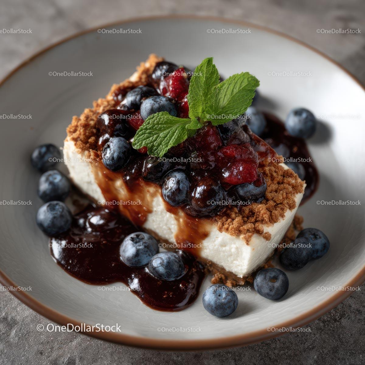 Cheesecake with Blueberry and Mint Garnish