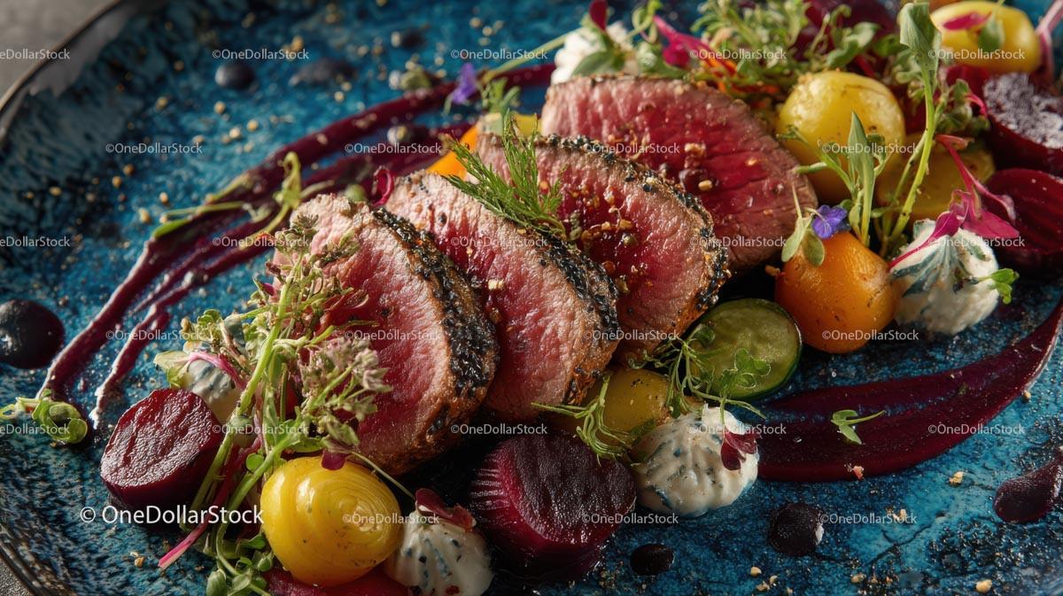 Seared Beef with Vibrant Vegetables and Beetroot Puree