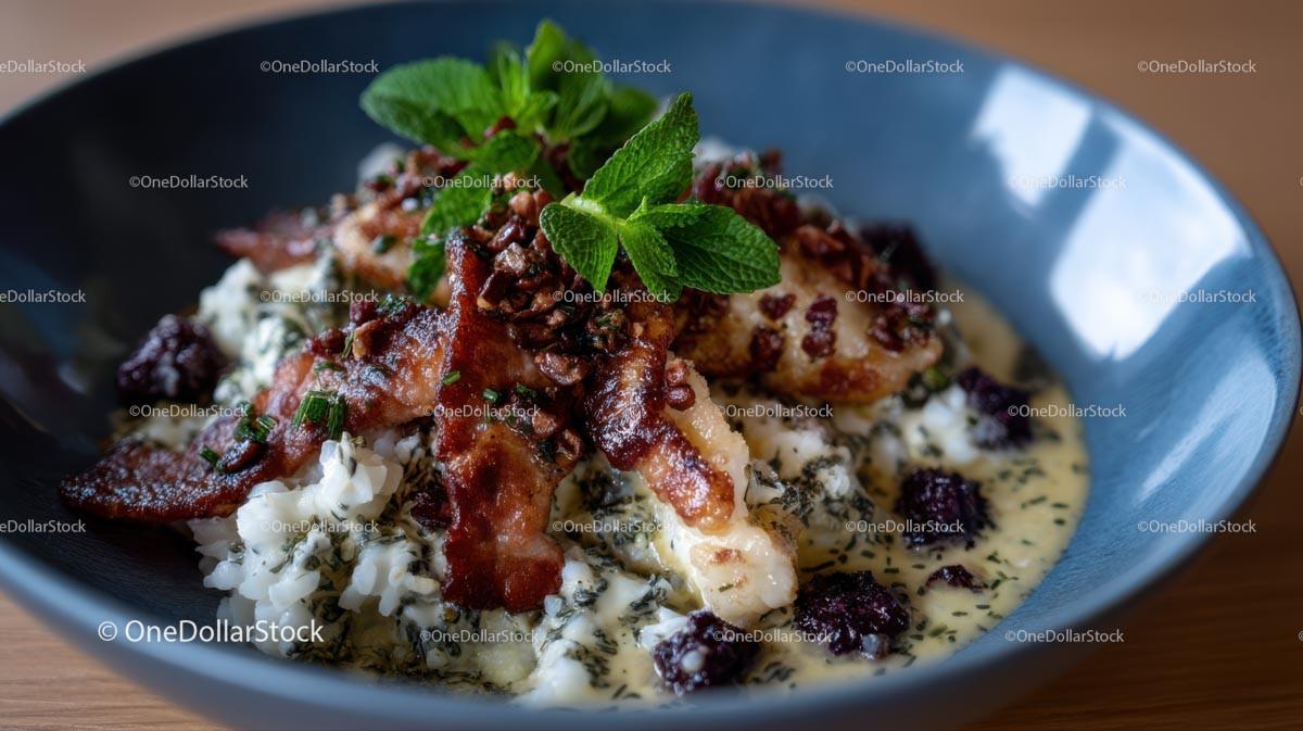 Gourmet Rice Dish with Bacon and Mint Garnish