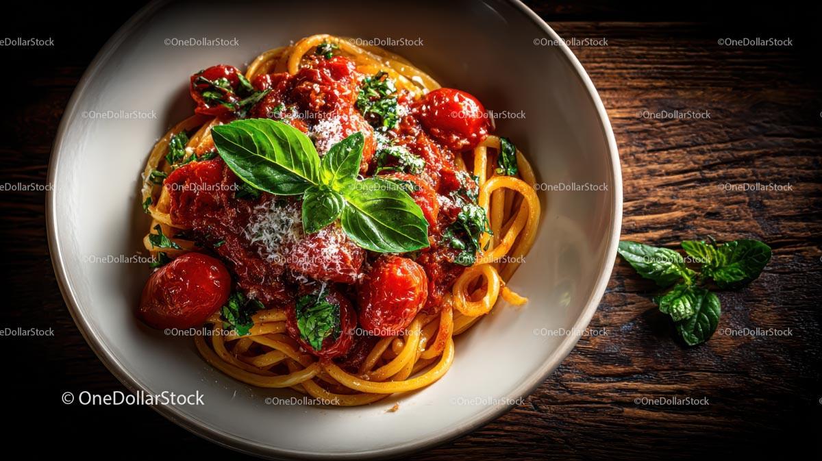 Spaghetti with Tomato Sauce and Fresh Basil Garnish