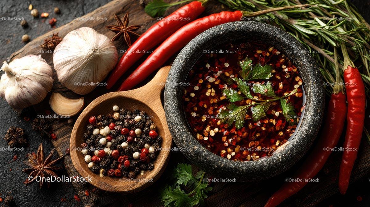 Assorted Spices and Herbs with Mortar and Pestle