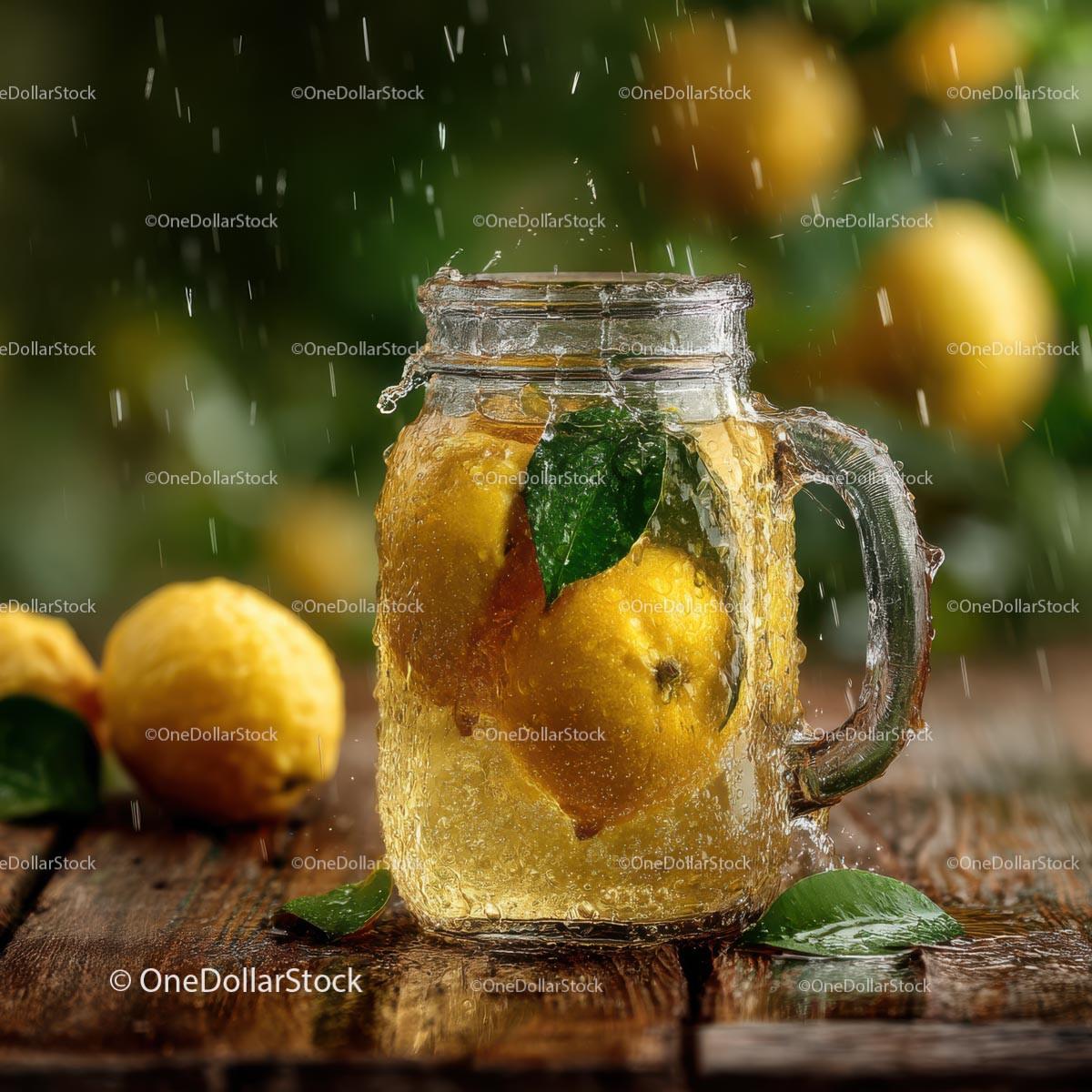 Refreshing Lemon Drink in a Glass Jar with Splash