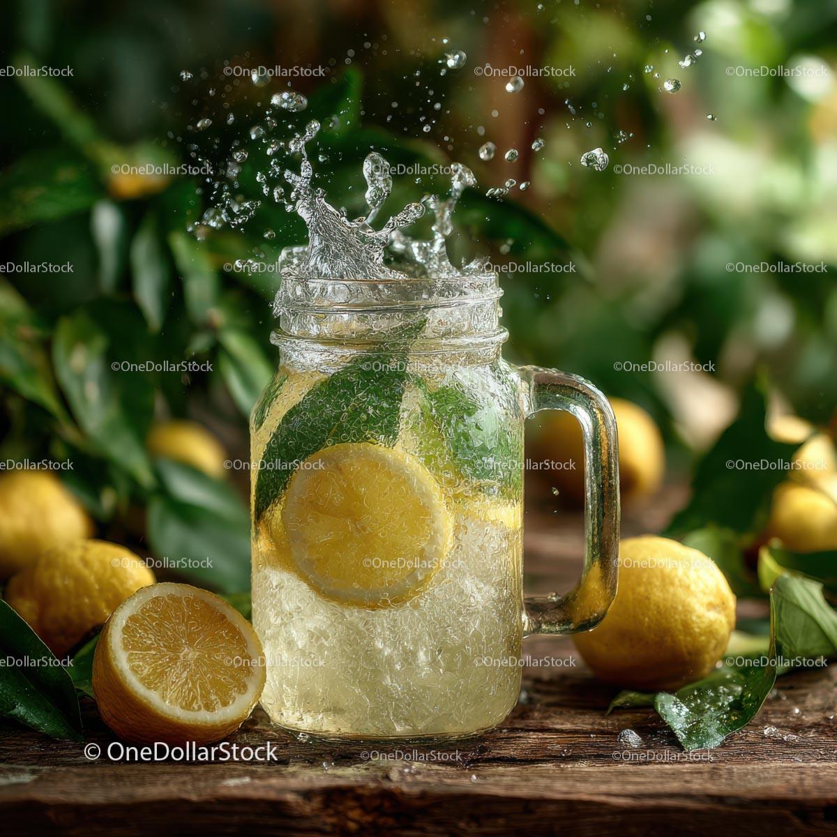 Refreshing Lemonade Splash with Fresh Citrus and Leaves