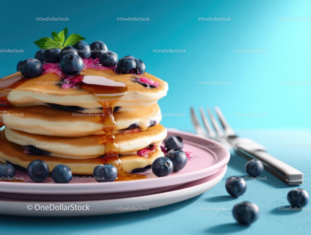 Stack of Blueberry Pancakes with Syrup and Fresh Mint
