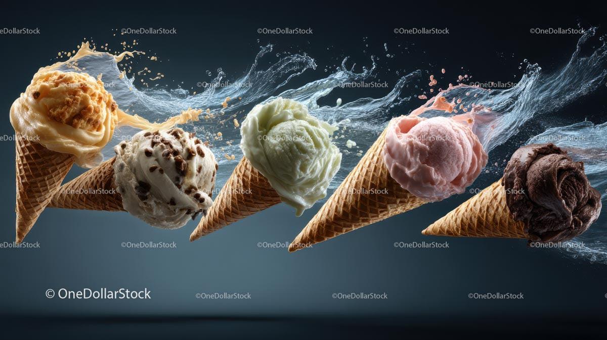 Assorted Ice Cream Cones with Splashing Background