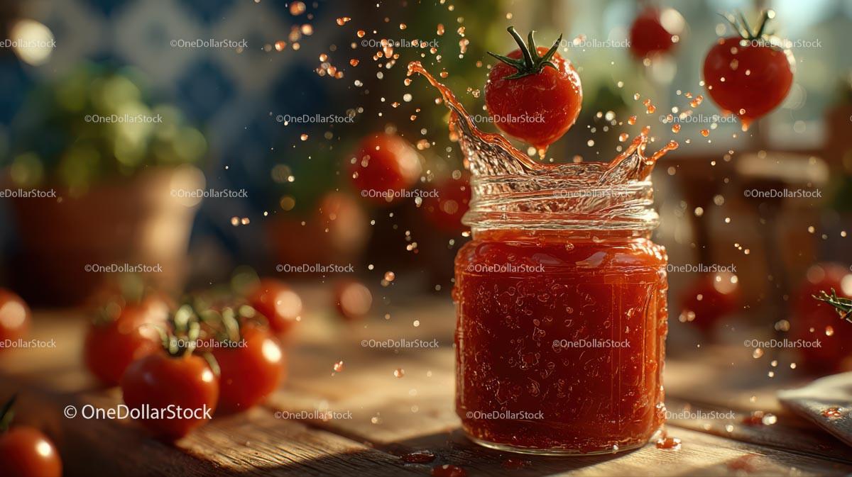 Splashing Tomato Sauce in Rustic Kitchen Setting