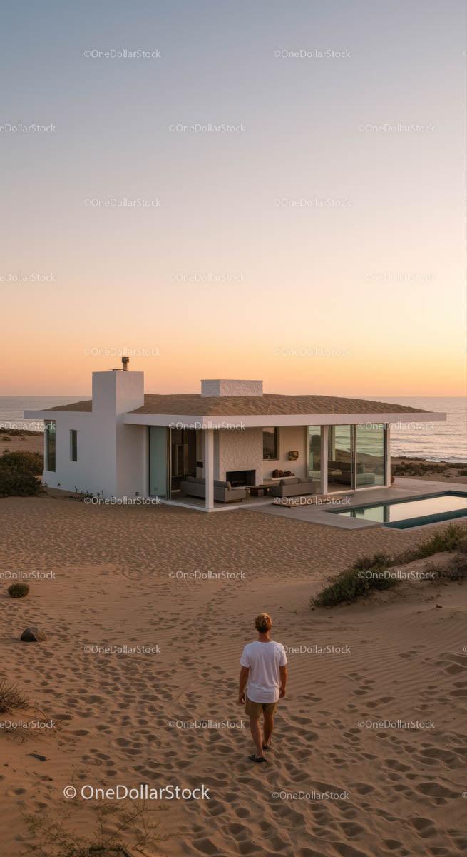 Modern Beach House at Sunset with Ocean View