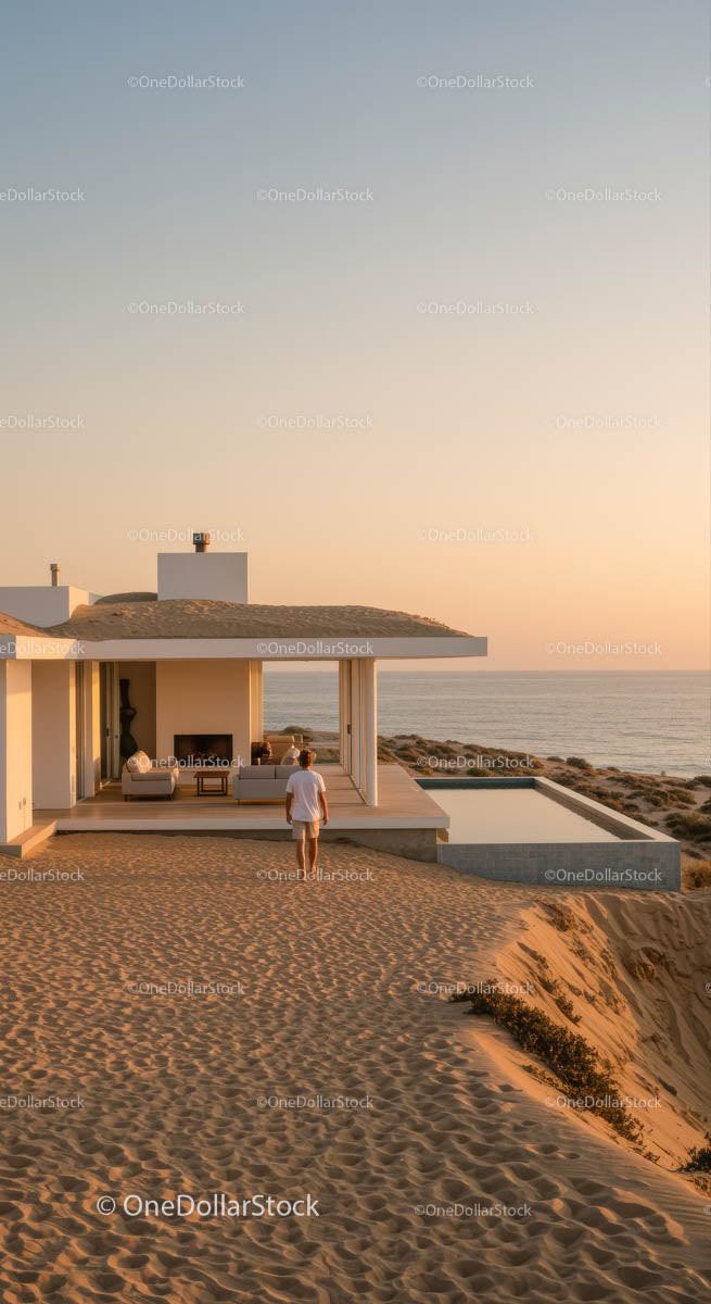 Modern Beach House at Sunset with Ocean View
