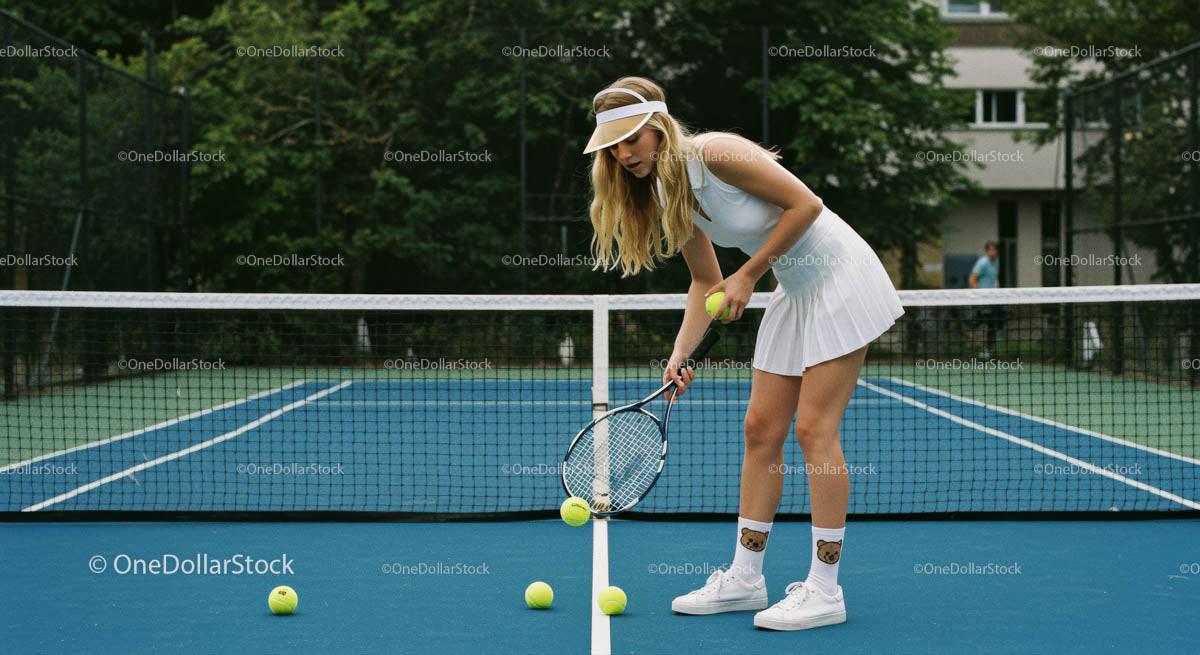Female Tennis Player on Outdoor Court Picking Up Balls