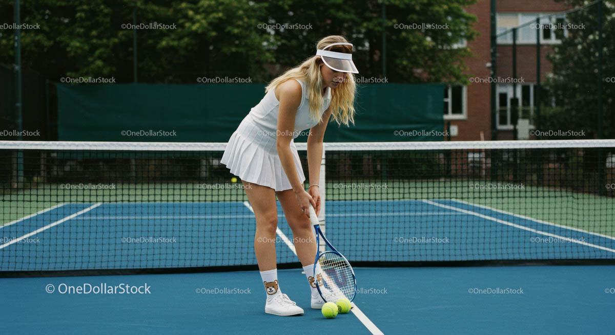 Female Tennis Player Preparing on Blue Court