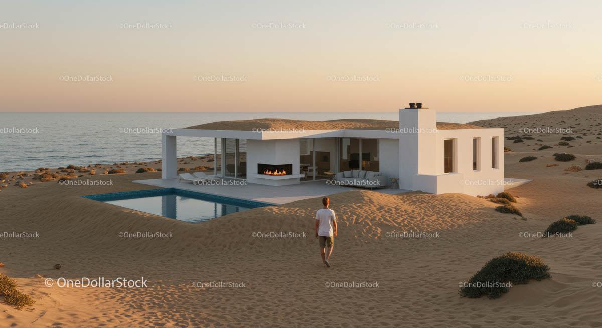Modern Desert Villa Overlooking Ocean at Sunset