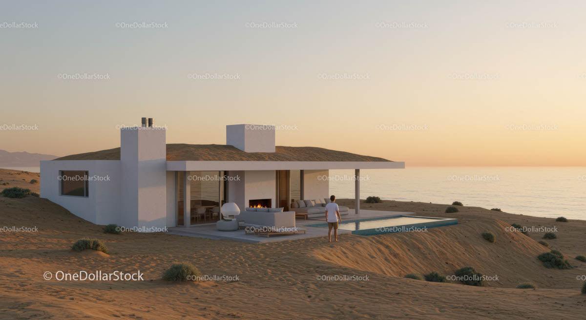 Modern Desert Retreat with Ocean View at Sunset