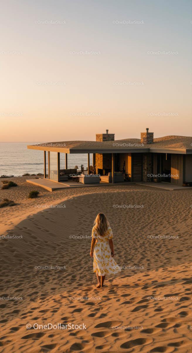 Woman Strolling Toward Modern Beach House at Sunset