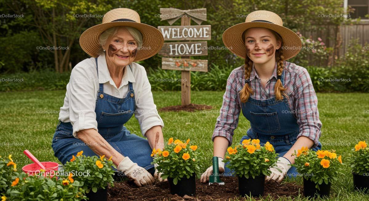 Smiling Grandmother and Granddaughter Planting Flowers Together