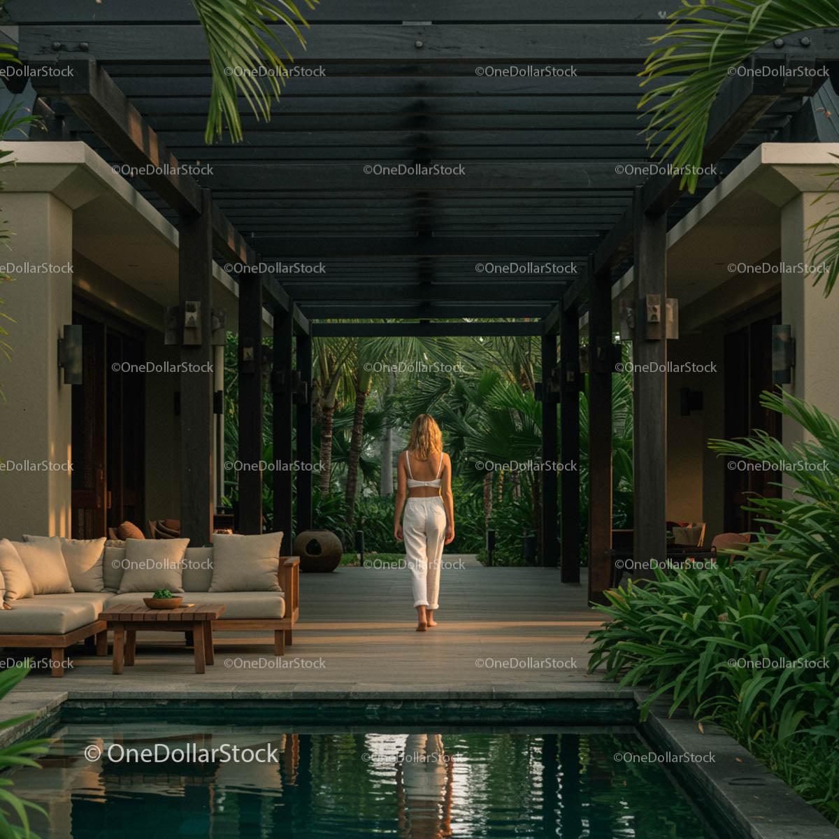 Woman Strolling Through Luxury Tropical Retreat