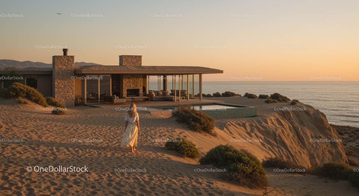 Modern Beach House Overlooking Ocean at Sunset