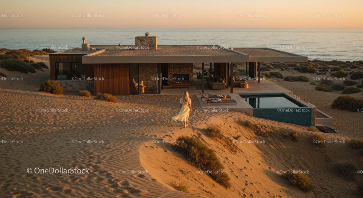 Modern Desert House Overlooking Ocean at Sunset