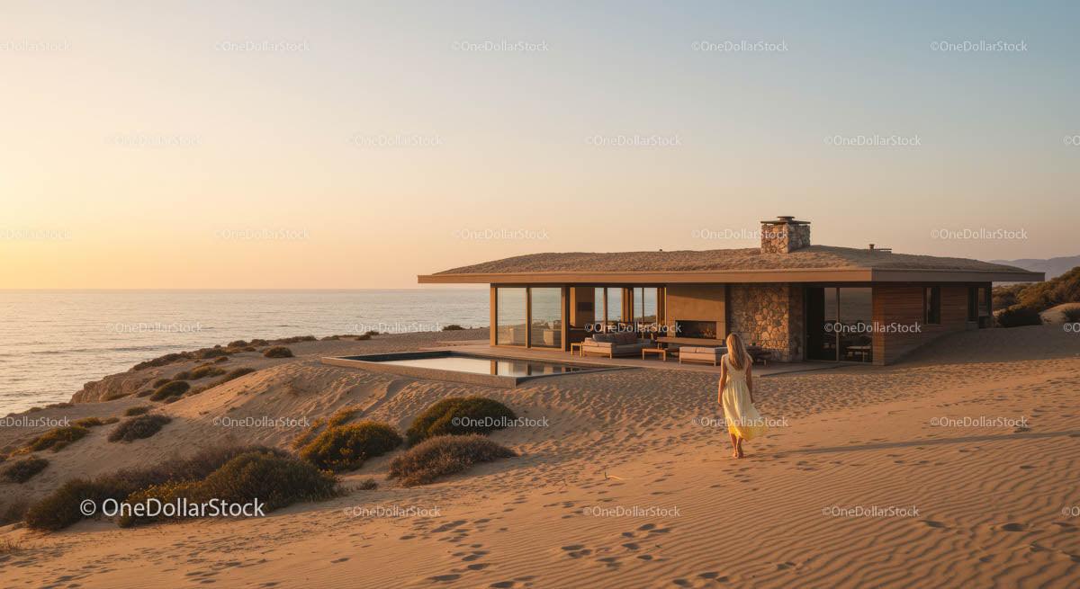 Modern Beach House at Sunset with Ocean View