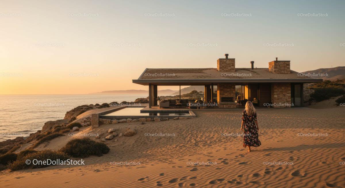Modern Coastal House at Sunset with Ocean View