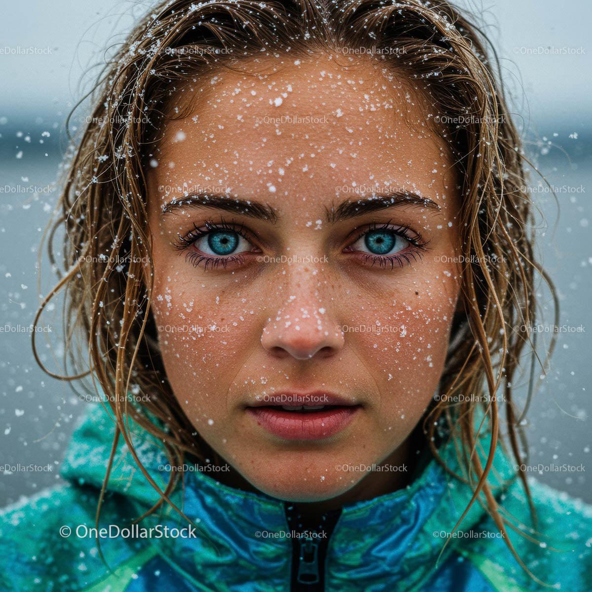 Blue-Eyed Woman in Snow with a Determined Gaze