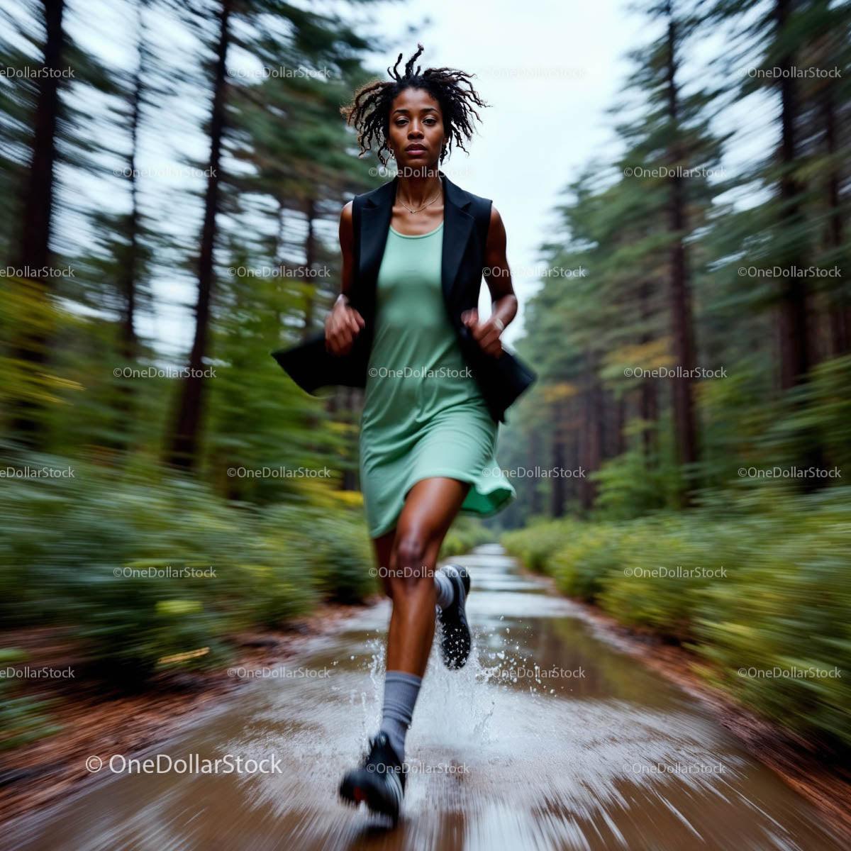 Woman Running on a Forest Trail in Vibrant Green Attire