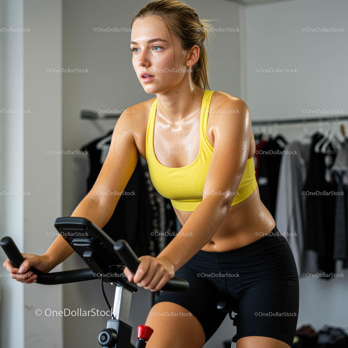 Woman Exercising on Stationary Bike in Yellow Sports Bra