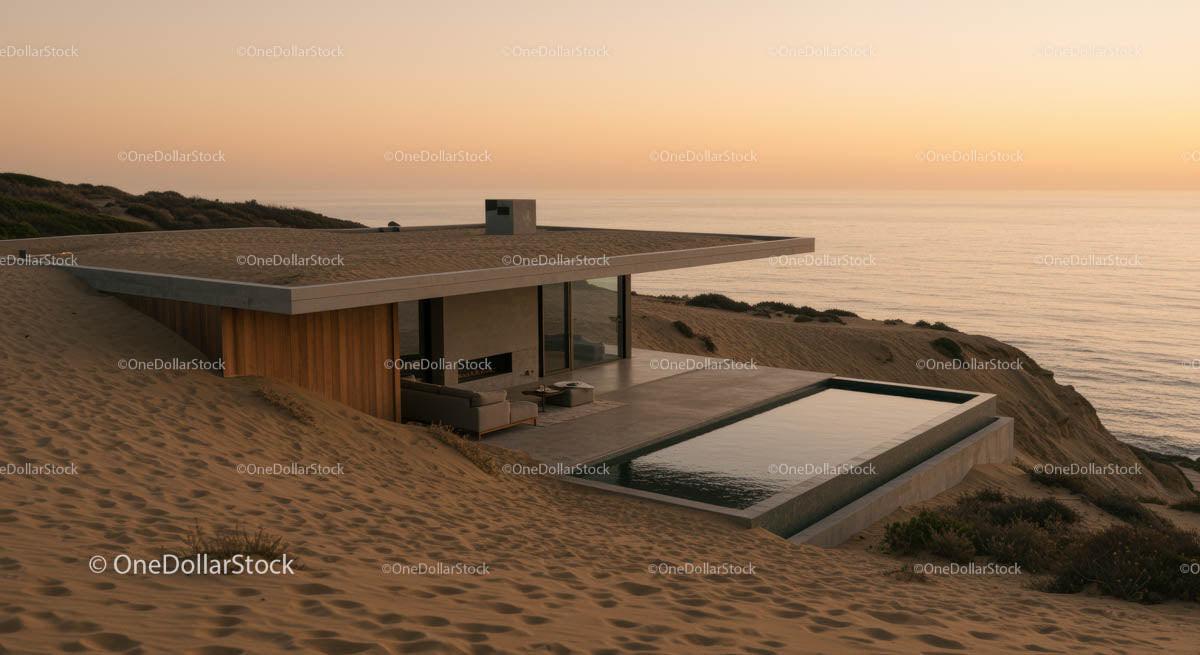 Modern Beachfront House at Sunset with Infinity Pool