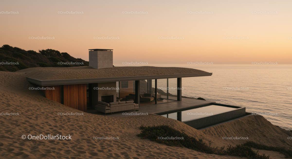 Modern Beach House at Sunset with Ocean View