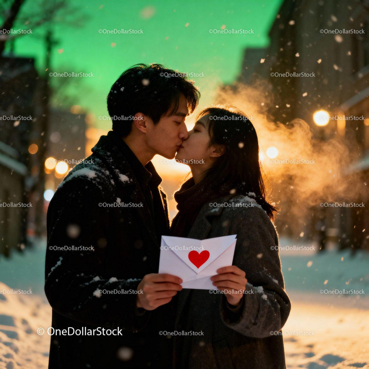Couple Sharing a Kiss Outdoors Holding Valentine Letter