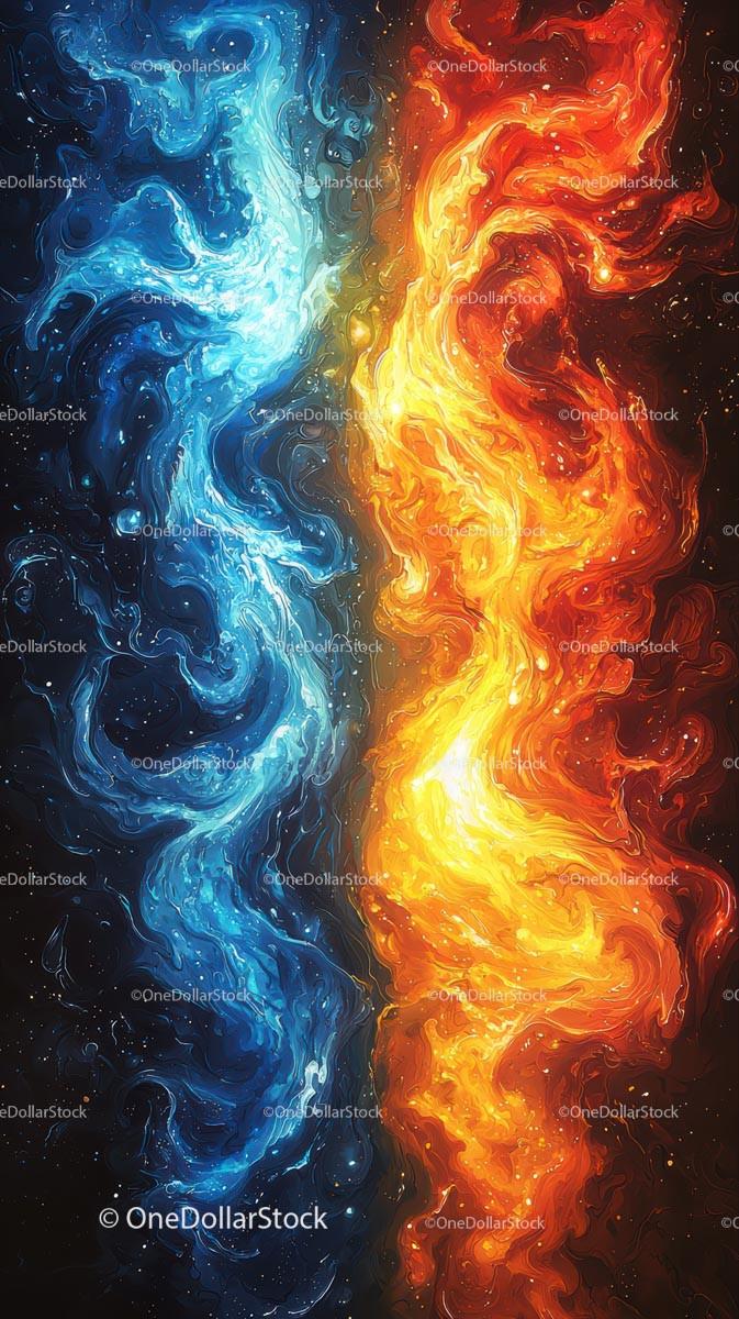 Vibrant Fire and Ice Abstract Cosmic Art with swirling Nebula