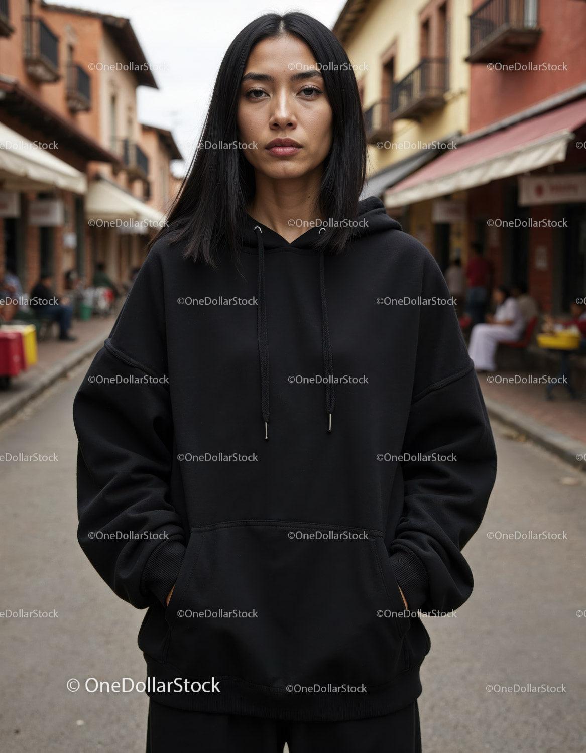 Fashionable Woman Wearing Black Hoodie in Urban City Street Stock Photo Bundle preview 38