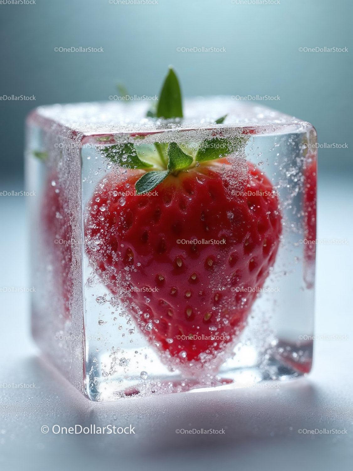 Fresh Strawberry Frozen Inside Clear Ice Cube