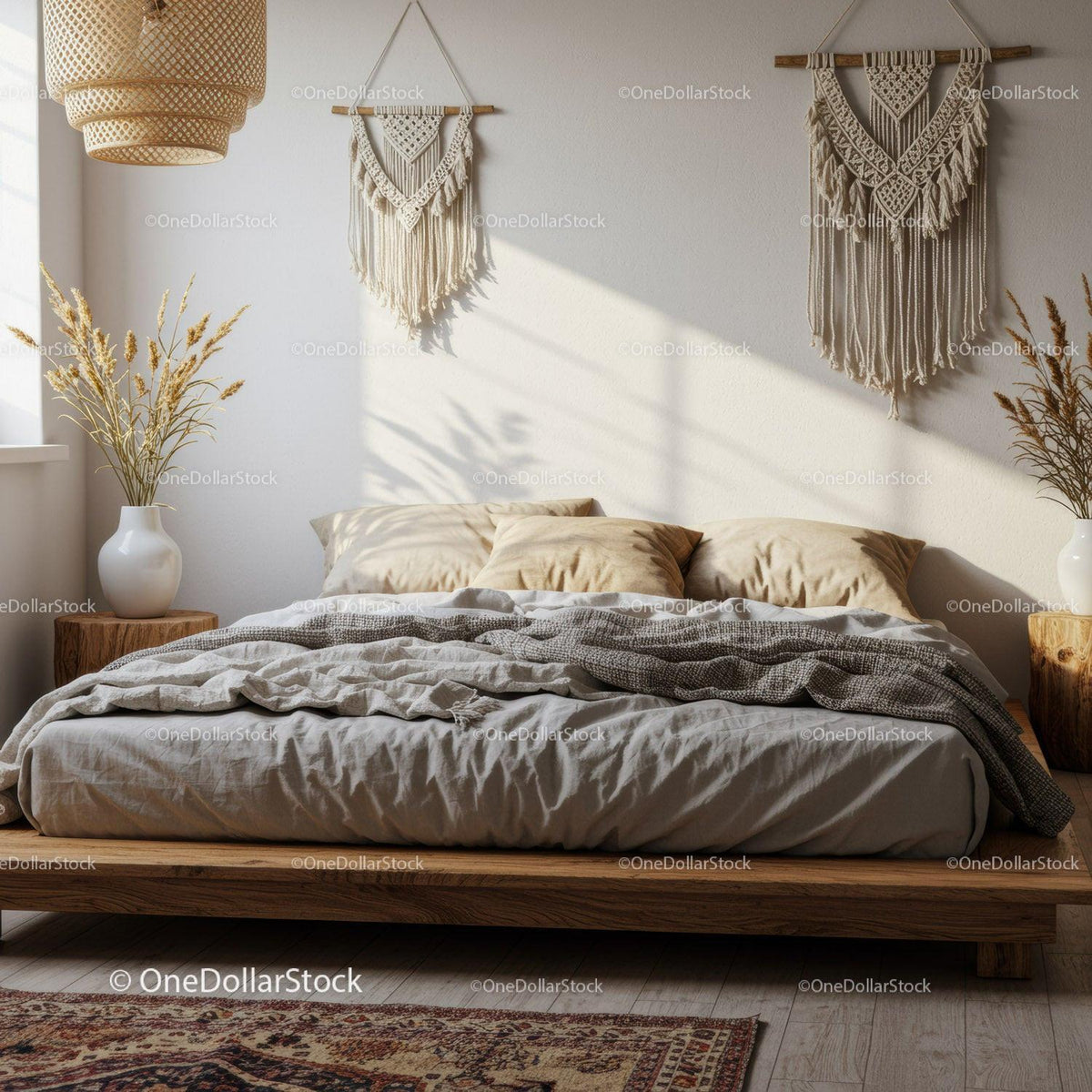 Cozy bedroom with natural boho decor and warm sunlight