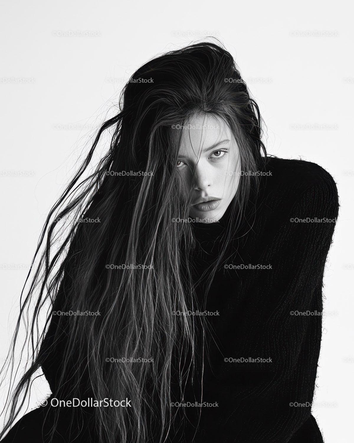 Elegant Monochrome Portrait of a Fashion Model with Striking Expression