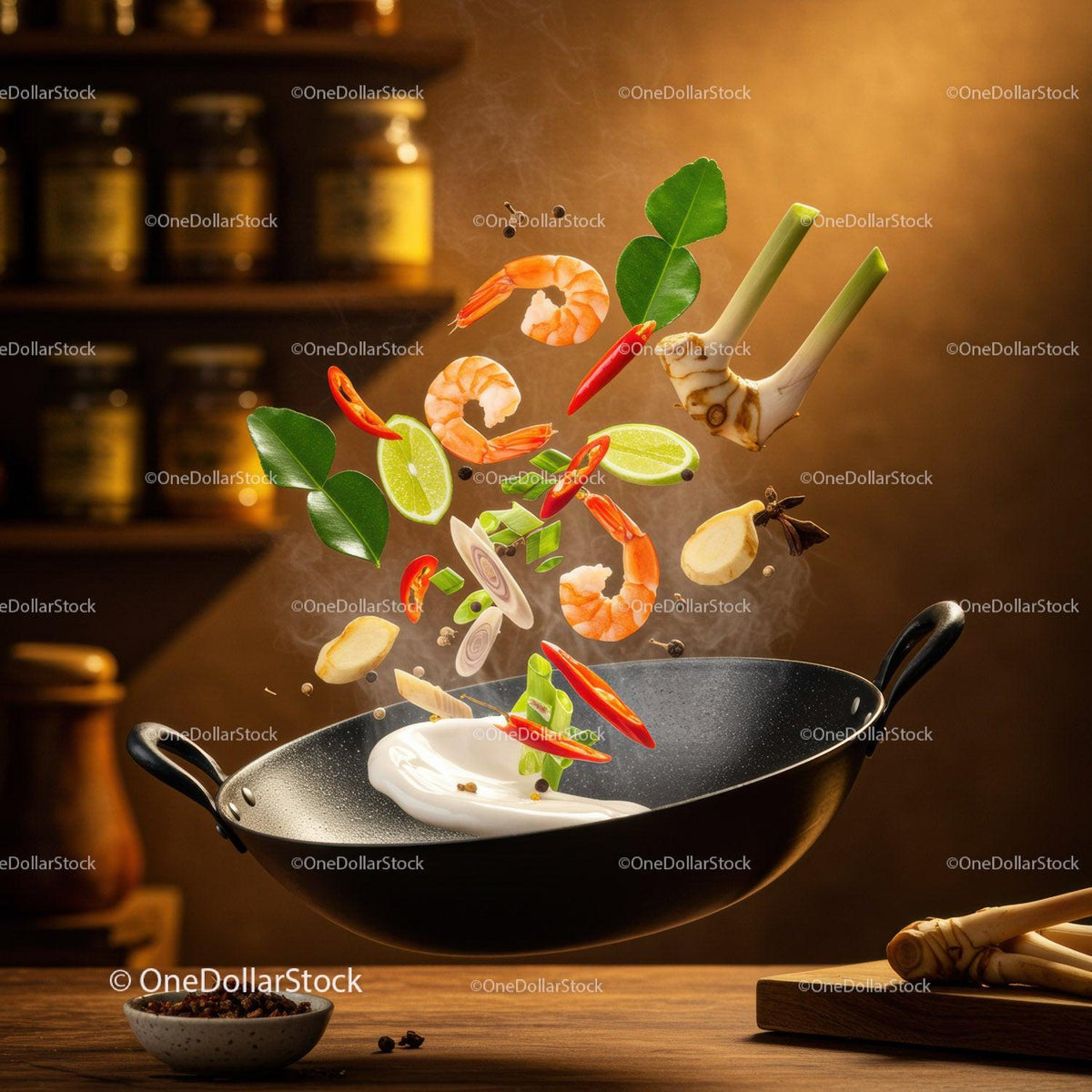 Floating Shrimp and Herbs Cooking in Wok with Steam