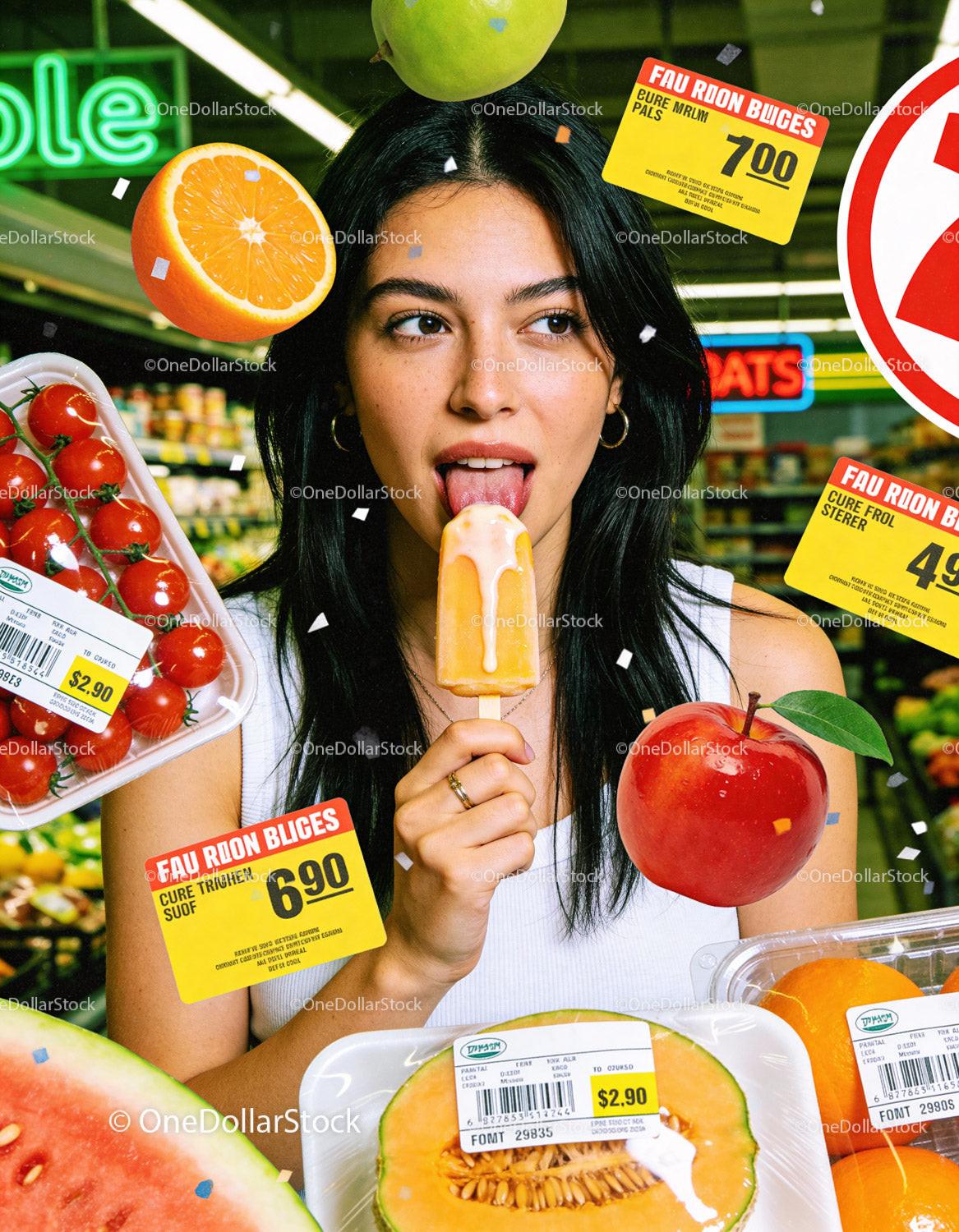 Young Woman Enjoying Popsicle Among Fresh Fruits In Store