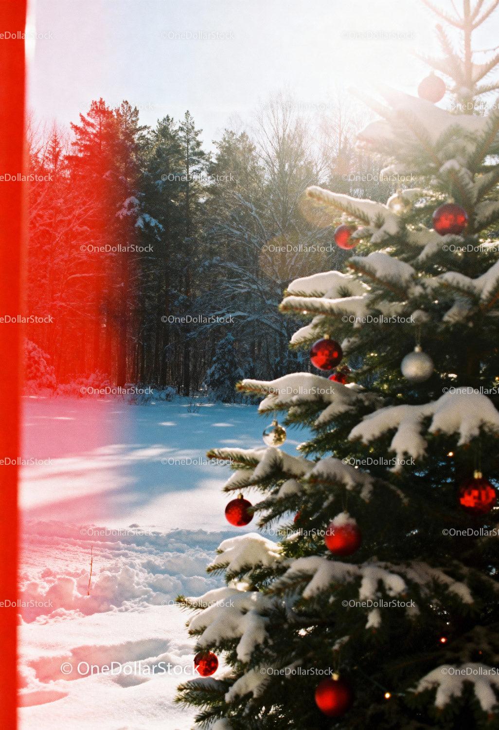 Snow-covered Christmas tree decorated with red baubles