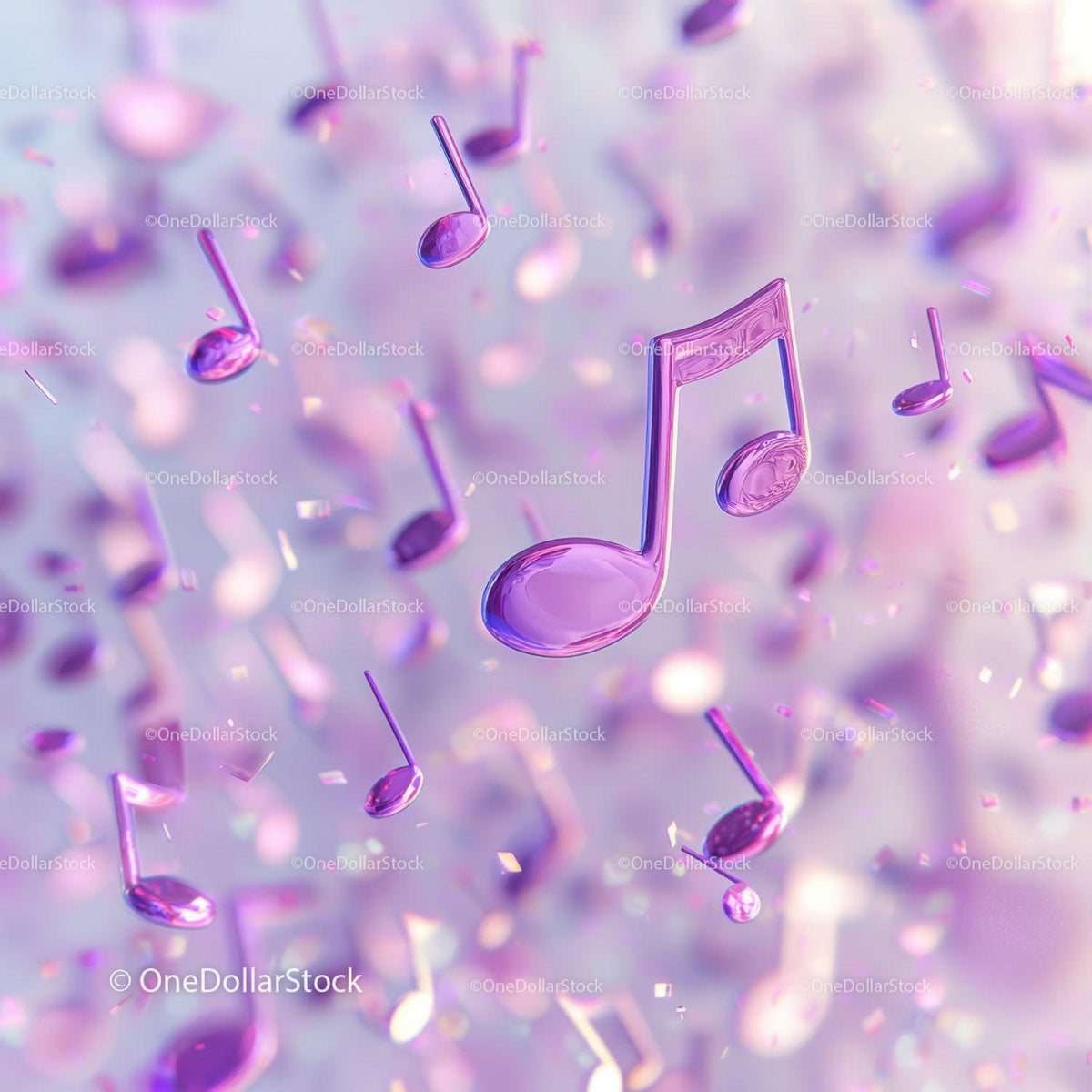 Glossy purple 3D musical notes floating in soft pastel blurred background